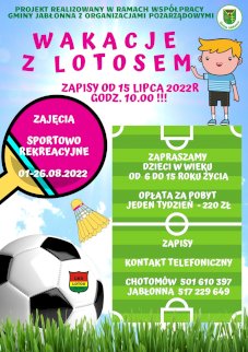 Powiększ obraz: AKCJA "WAKACJE Z LOTOSEM 2022" dla dzieci w wieku 6 - 15 lat zamieszkałe na terenie Gminy Jabłonna - Zdjęcie nr 1