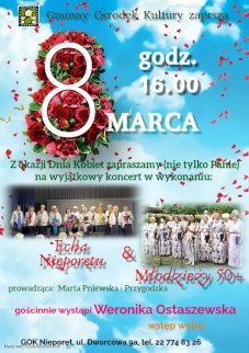 Powiększ obraz: fot. Made with PosterMyWall.com. Na zdjęciu skład osobowy zespołu Echa - Nieporętu, Młodzieży 50+, róże zdobią cyfrę nr 8, spadające płatki kwiatów na tle chmur