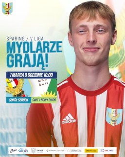 Powiększ obraz: fot. Plakat zapraszający na wydarzenie, szczegółowe informacje w aktualności i tytule. Logo piłkarskie KS Sokół Serock i Świt II Nowy Dwór Mazowiecki