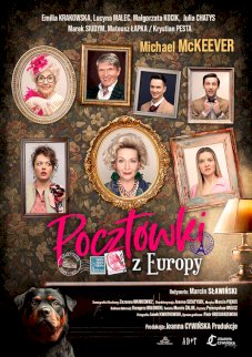 Powiększ obraz: fot. Plakat zapraszający na wydarzenie, szczegółowe informacje w aktualności i tytule. Na zdjęciu wizerunki aktorów przedstawienia w kształcie obrazów, na dole pies Rottweiler