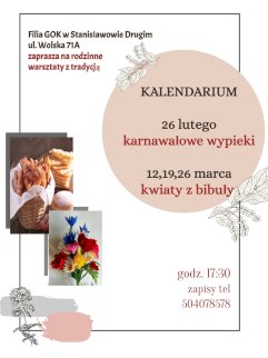 Powiększ obraz: Plakat zapraszający na wydarzenie, szczegółowe informacje w aktualności i tytule. Na zdjęciu faworki, pączki, bukiet kolorowych kwiatów