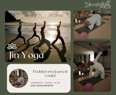 Powiększ obraz: Plakat zapraszający na wydarzenie, szczegółowe informacje w aktualności i tytule. Na zdjęciu osoby ćwiczą yogę nad akwenem wodnym, mężczyzna wykonuje ćwiczenia rozciągające na macie