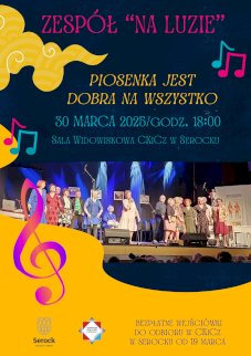 Powiększ obraz: fot. Plakat zapraszający na wydarzenie, szczegółowe informacje w aktualności i tytule. Na zdjęciu osoby stoją na scenie, jedna z kobiet trzyma mikrofon, z tyłu widownia za sceną