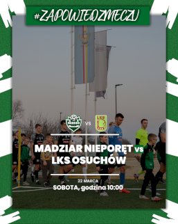 Powiększ obraz: Logo piłkarskie KS Madziar Nieporęt i LKS Osuchów. Na zdjęciu piłkarze przebywają na boisku do  gry  w piłkę nożną