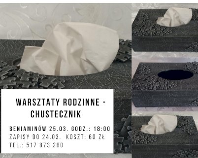 Powiększ obraz: fot. Plakat zapraszający na wydarzenie, szczegółowe informacje w aktualności i tytule. Na zdjęciu pudełka z chusteczkami