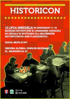 Powiększ obraz: Plakat zawierający informacje o wydarzeniu. Osoby grają przy stołach w gry planszowe