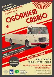 Powiększ obraz: Plakat zawierający informacje o wydarzeniu. Na zdjęciu napis dużymi literami OGÓREK CABRIO, pod napisem grafika autobusu turystycznego