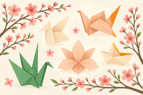 Powiększ obraz: Plakat obrazujący origami. Tło ozdobione jest gałązkami kwitnącej wiśni z różowymi kwiatami