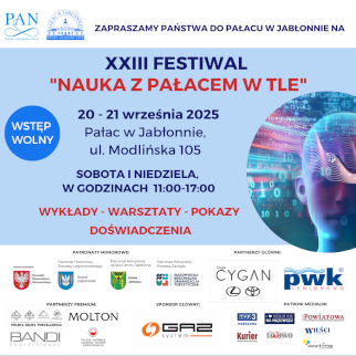 Powiększ obraz: Zdjęcie przedstawia plan wydarzenia pod nazwą Festiwal Nauki z Pałacem w tle