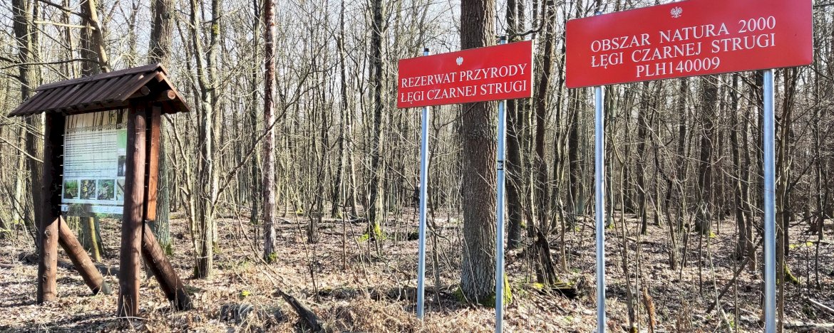 Na zdjęciu tablica informacyjna po lewej stronie w Rezerwacie Przyrody Łęgi Czarnej Strugi, tablice po prawej stronie: Obszar Natura 2000 Łęgi Czarnej Strugi, Rezerwat Przyrody Łęgi Czarnej Strugi