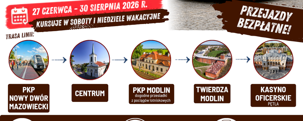 Bezpłatna linia turystyczna "T" Kursuje w soboty i niedziele od 27 czerwca do 30 sierpnia 2026 roku