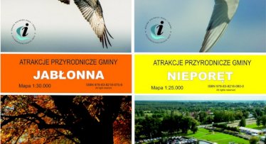 Fot. źródło: mapa opracowana i wydana w 2021 roku przez Stowarzyszenie na Rzecz Promocji  i Rozwoju Zalewu Zegrzyńskiego. Na zdjęciu mapy atrakcje przyrodnicze Gminy Jabłonna i Nieporęt. Na górze zdjęcia fragmenty skrzydła ptaków, na dole po lewej stronie korona drzewa, na dole po prawej stronie łodzie motorowe zwodowane w porcie, drzewa