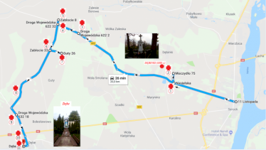 fot. grafika Krzysztof Kozań. Na zdjęciu kapliczki, przebieg drogi na terenie Gminy Serock, na której znajdują się kapliczki