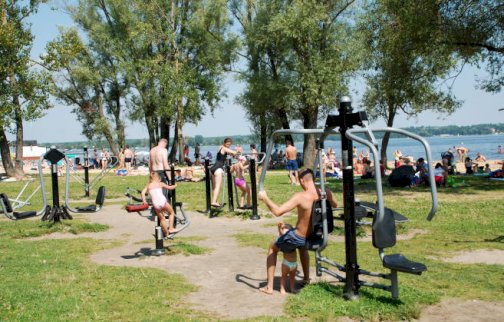 fot. https://www.nieporet.pl/sport-i-turystyka/obiekty-sportowe/. Na zdjęciu osoby ćwiczą na siłowni plenerowej na Dzikiej Plaży w Nieporęcie, w tle z tyłu osoby opajają się na plaży