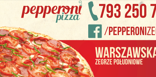 fot. facebook Pepperoni Pizza, www.facebook.com/pepperonizegrze. Na zdjęciu informacje na temat numeru telefonu do Pepperoni Pizza w Zegrzu Południowym, adresu: ul. Warszawska 19, grafika pizzy po lewej stronie