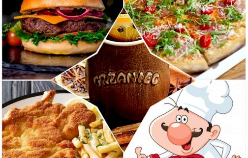 fot. facebook AUT sport bar, https://www.facebook.com/AutSportBar. Na zdjęciu w górnym lewym rogu burger, obok niego po prawej stronie pizza z dodatkami, kotlet schabowy z frytkami,  grafika szefa kuchni, napis grzaniec