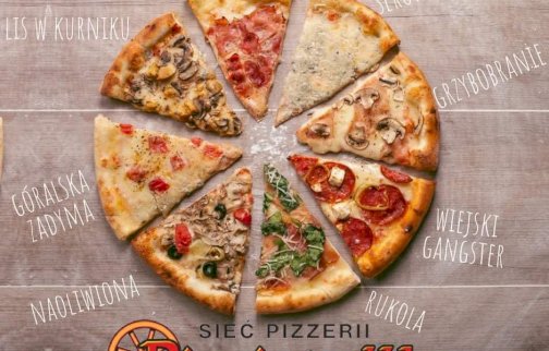 fot. Pizzeria Biesiadowo Legionowo,  https://www.facebook.com/biesiadowolegionowo. Na zdjęciu pokrojona pizza na kawałki, na dole napis sieć pizzerii Biesiadowo