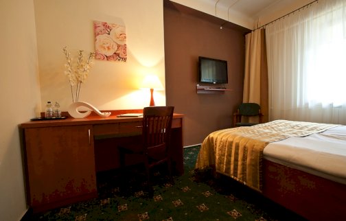 fot. www.zlotylin.pl/. Na zdjęciu pokój hotelowy, łóżko do spania, biurko z krzesełkiem, telewizor wiszący na ścianie, obraz na ścianie