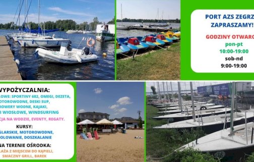 fot. Ośrodek Sportów Wodnych PORT AZS ZEGRZE. Na zdjęciu pomost z łodziami motorowymi, żaglowymi, rowerki wodne zacumowane do brzegu, piaszczysta plaża ze zjeżdżalniami dla dzieci, łodzie stojące przy brzegu, baner PORT AZS ZEGRZE