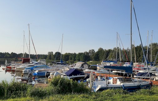 fot. facebook Szanta Cafe, https://www.facebook.com/photo/?fbid=744198094179761&set=pb.100057687300091.-2207520000&locale=pl_PL. Na zdjęciu łodzie, wokół zieleń, drzewa, fragment akwenu wodnego