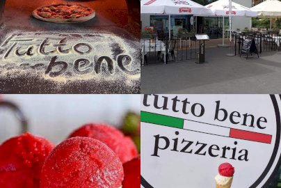 Powiększ obraz: fot. https://www.tuttobenepizzeria.eu/. Na zdjęciu pizza w piecu, lody, Tutto Bene Pizzeria, osoba trzymająca rożek od lodów