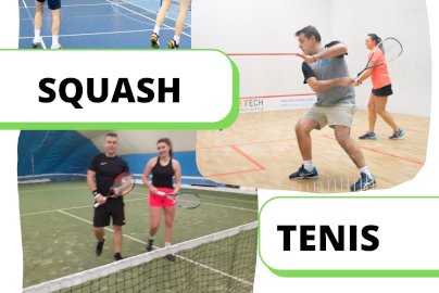 Powiększ obraz: fot. www.spektrumsportu.pl. Na zdjęciu na górze osoby grają w badmintona, po prawej stronie w squasha, mężczyzna i kobieta na dole stoją z rakietami do tenisa ziemnego na polu do gry w tenisa ziemnego. Pogrubione napisy: SPEKTRUM SPORTU, BADMINTON, SQUASH, TENIS, PIERWSZA LEKCJA Z TRENEREM JEST DARMOWA!