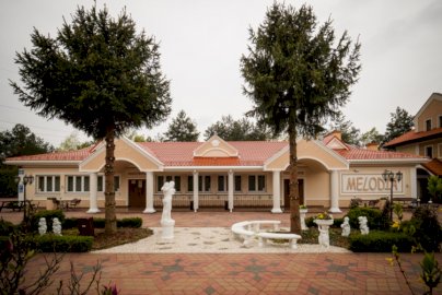 Powiększ obraz: fot. https://salamelodia.pl. Na zdjęciu Hotel Melodia Sala Bankietowa & Pensjonat. Na zewnątrz hotelu drzewa, posągi