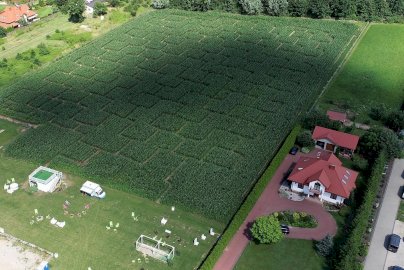 Powiększ obraz: fot. facebook Zielony Labirynt, www.facebook.com/zielonylabirynt/. Na zdjęciu wydzielone ścieżki w zielonym labiryncie, obok domy mieszkalne, kamper, leżaki, z tyłu woda