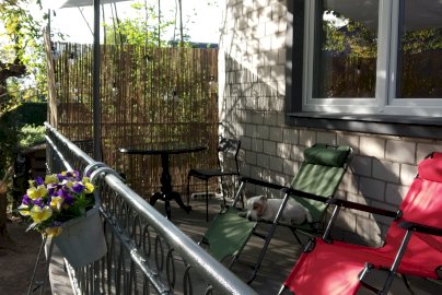 Powiększ obraz: fot. Forest House. Na zdjęciu taras, leżaki do opalania, stolik z krzesełkiem