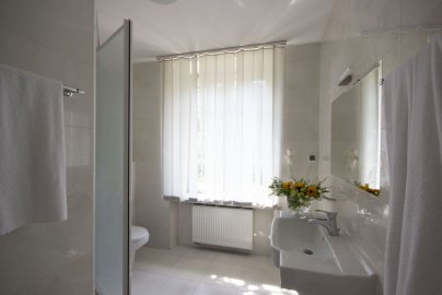 Powiększ obraz: fot. https://www.palacjablonna.pl. Na zdjęciu łazienka hotelowa, zlew z kranem, kwiaty w wazonie obok zlewu, lustro wiszące na ścianie, grzejnik, skrzydło drzwi kabiny prysznicowej, okno przysłonięte roletą