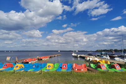 Powiększ obraz: fot. Ośrodek Sportów Wodnych PORT AZS ZEGRZE. Na zdjęciu różnego koloru, ponumerowane rowerki wodne stojące przy brzegu. Z tyłu przy dwóch pomostach rowerki wodne, łodzie motorowe, żaglowe. W tle widać taflę jeziora
