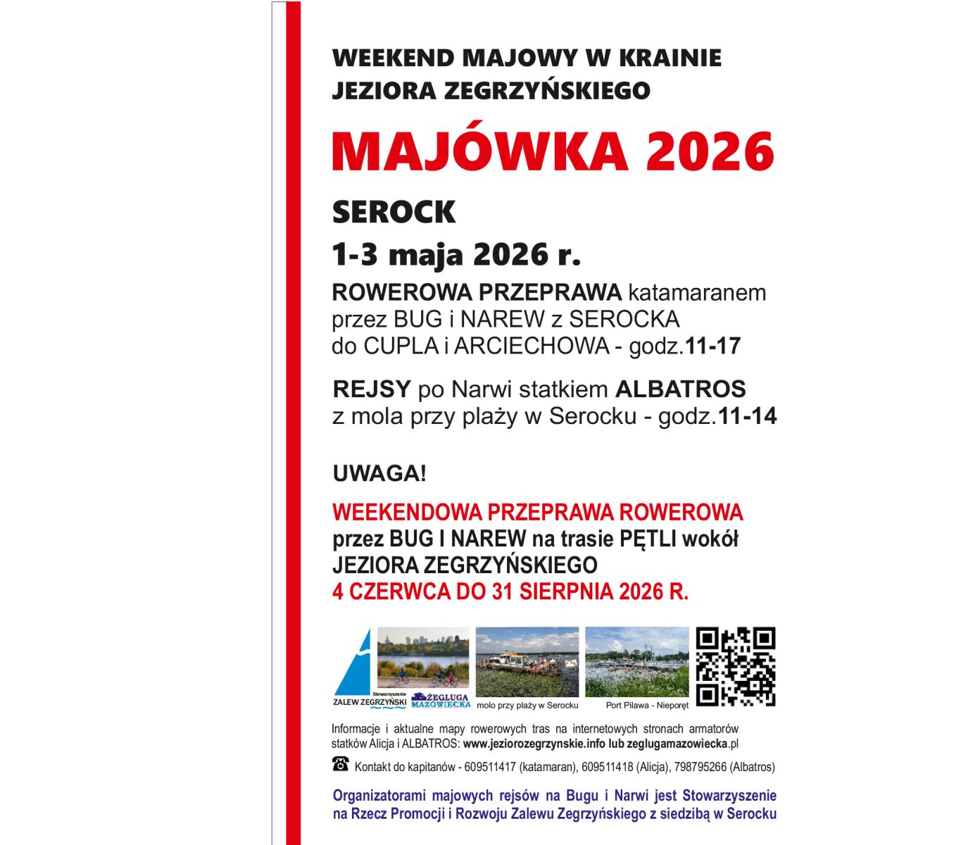 Weekendowa przeprawa rowerowa przez Bug i Narew na trasie pętli wokół jeziora zegrzyńskiego od 4 czerwca do 31 sierpnia 2026 roku