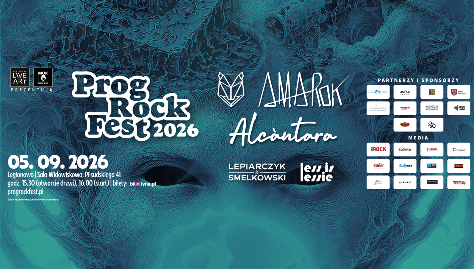 Plakat prezentujący repertuar muzyczny festiwalu ProgRockFest 2026 w Legionowie