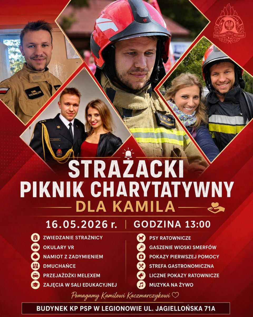 Na zdjęciu znajduje się plakat promujący Strażacki Piknik Charytatywny dla Kamila, z fotografiami strażaka, informacjami o atrakcjach podczas pikniku